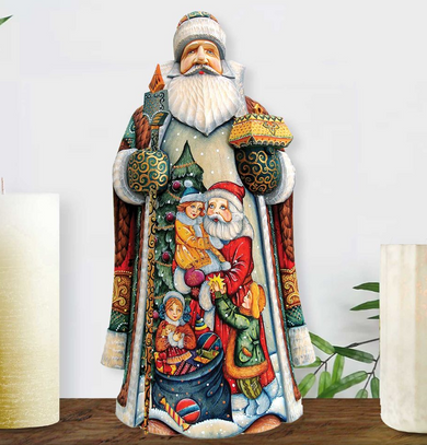 A colorful and detailed wooden sculpture of Santa Claus, with intricate designs and decorations, is displayed on a wooden surface.