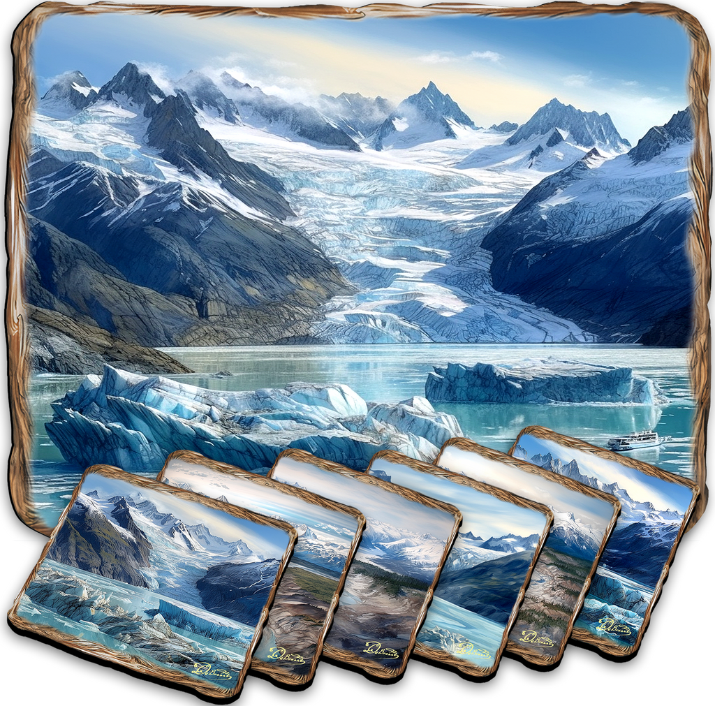 A collage of six landscape photographs depicting various mountainous and snowy scenes, with a large body of water in the foreground.