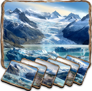 A collage of six landscape photographs depicting various mountainous and snowy scenes, with a large body of water in the foreground.