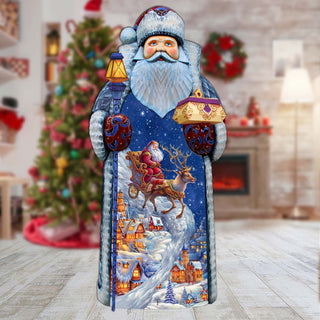 Joyful Sleigh Descent Santa Hand-Painted WOODCARVED Masterpiece Figurine by G. DeBrekht - Santa Snowman Christmas Decor - 215870