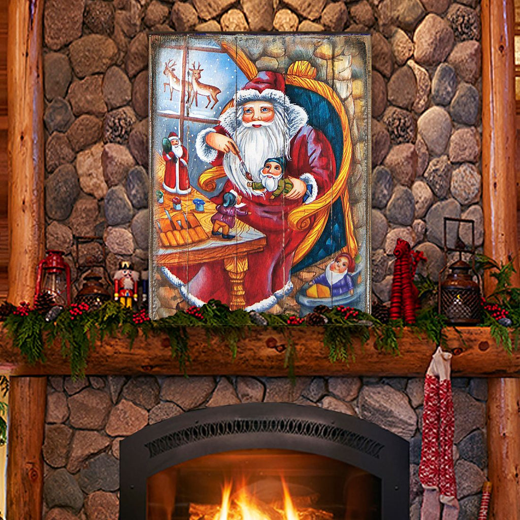 Christmas Workshop Santa Wooden Wall Art by G. DeBrekht - Christmas Santa Snowman Decor - 81215625B