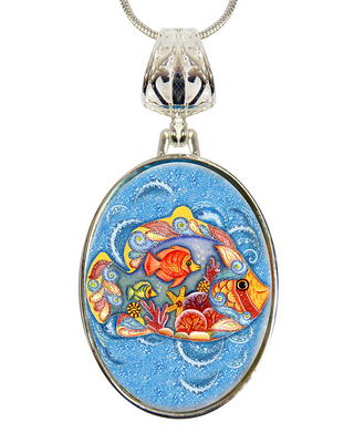 A pendant necklace with a circular design featuring a vibrant, colorful fish surrounded by various marine life elements.