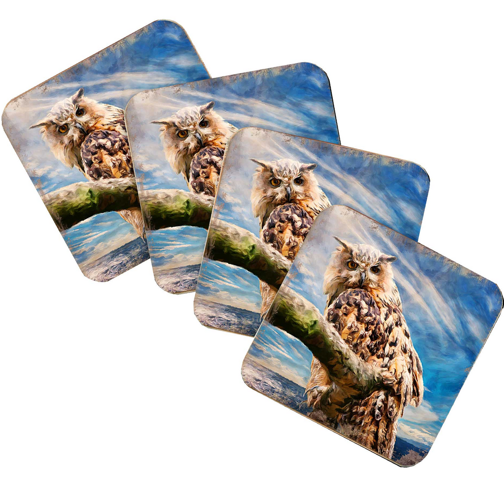 A set of four square coasters featuring images of owls perched on branches against a blue sky background.