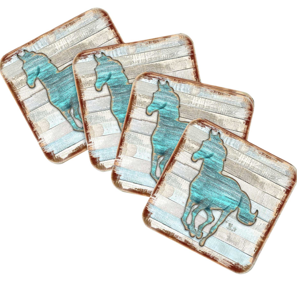 four square coasters with a blue horse silhouette on them.