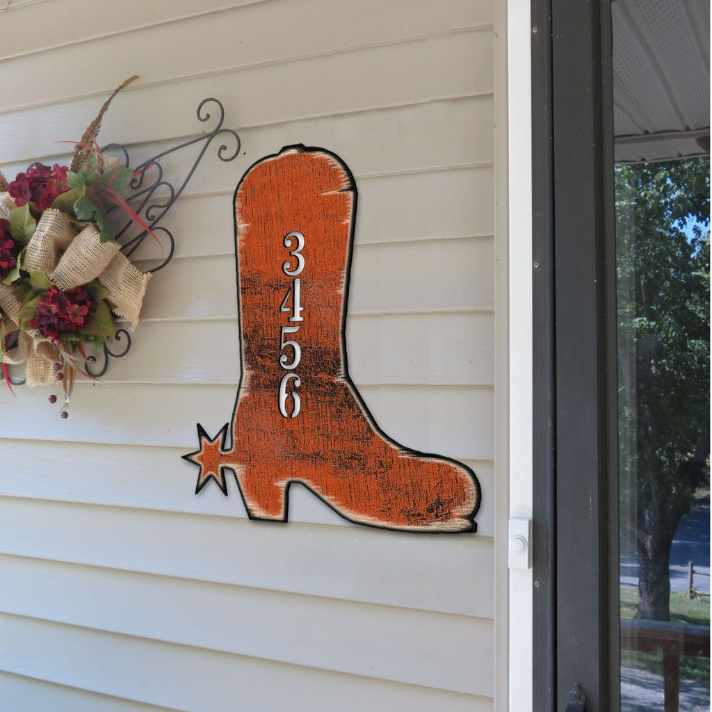 Cowboy Boots Wooden Personalized House Number Sign by G. Odebrecht - Love Family Kids Decor - Handcrafted Wooden Handcrafted Wooden Address Sign - MA989142