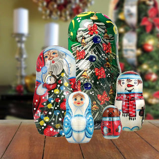Mr. & Mrs. Christmas Matreshka Nesting Hand-Painted Doll Set of 5 by G. DeBrekht - Christmas Decor - 1101512-2