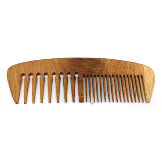 A wooden comb with a curved shape and multiple teeth, designed for detangling and styling hair.