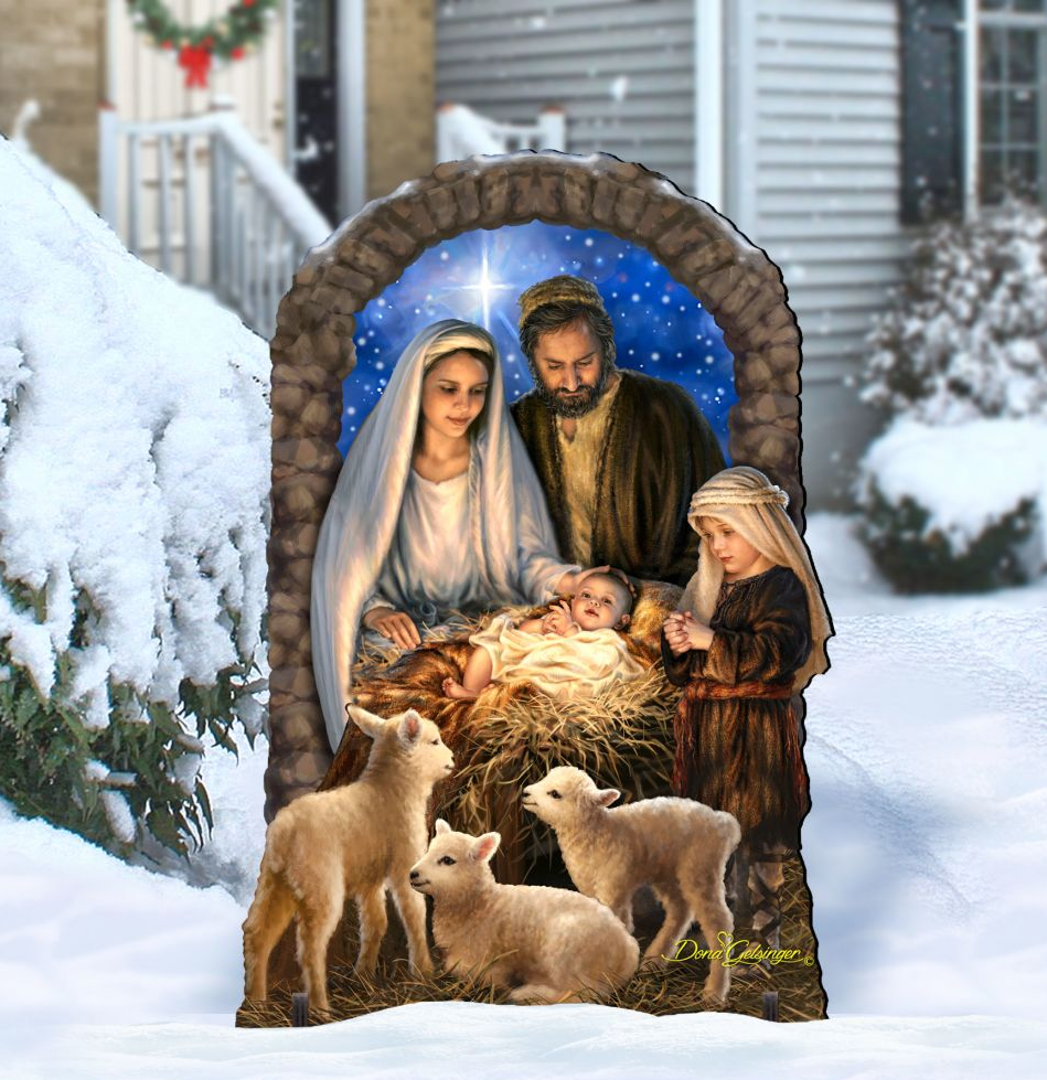 A 3D rendering of the Holy Family in a nativity scene, with the baby Jesus in the center surrounded by the parents and other members of the family.