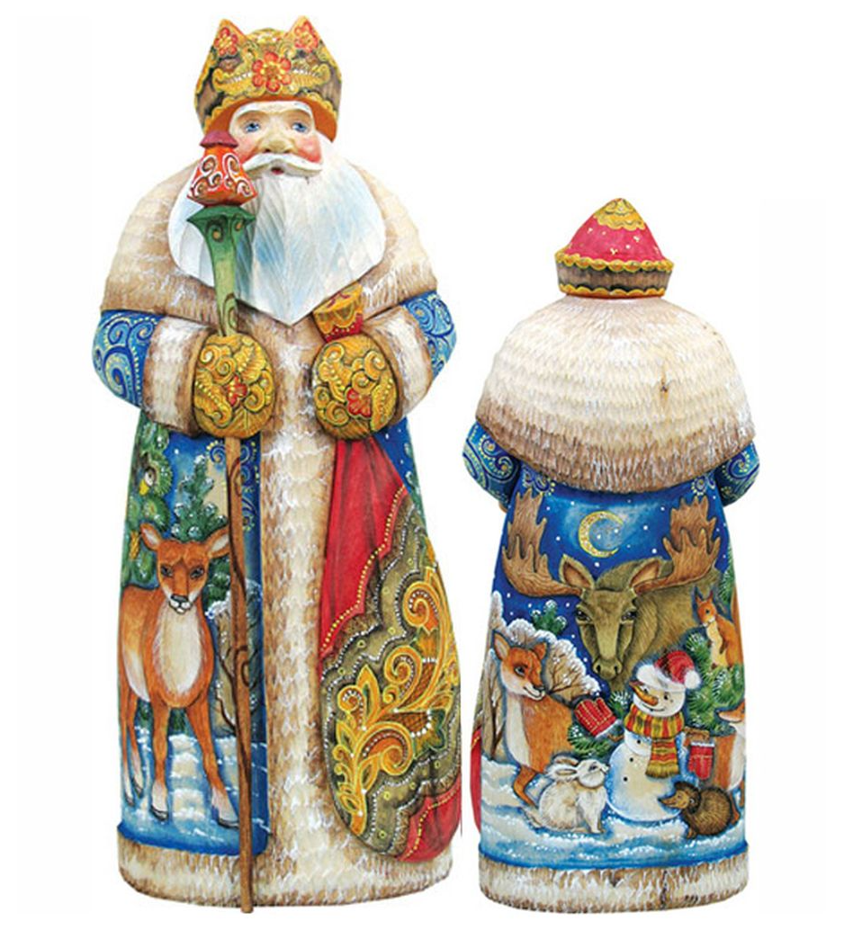 two colorful, intricately painted figurines of Santa Claus and reindeer, set against a white background.