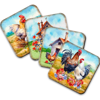 four different pictures of roosters, each depicting a unique scene in a rural setting.