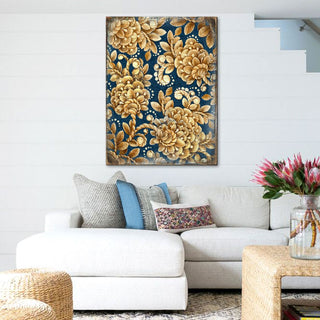 Gold Floral Art on Navy Blue Rustic Wooden Wall Art by G. DeBrekht - Floral Ornamental Decor - 95014B