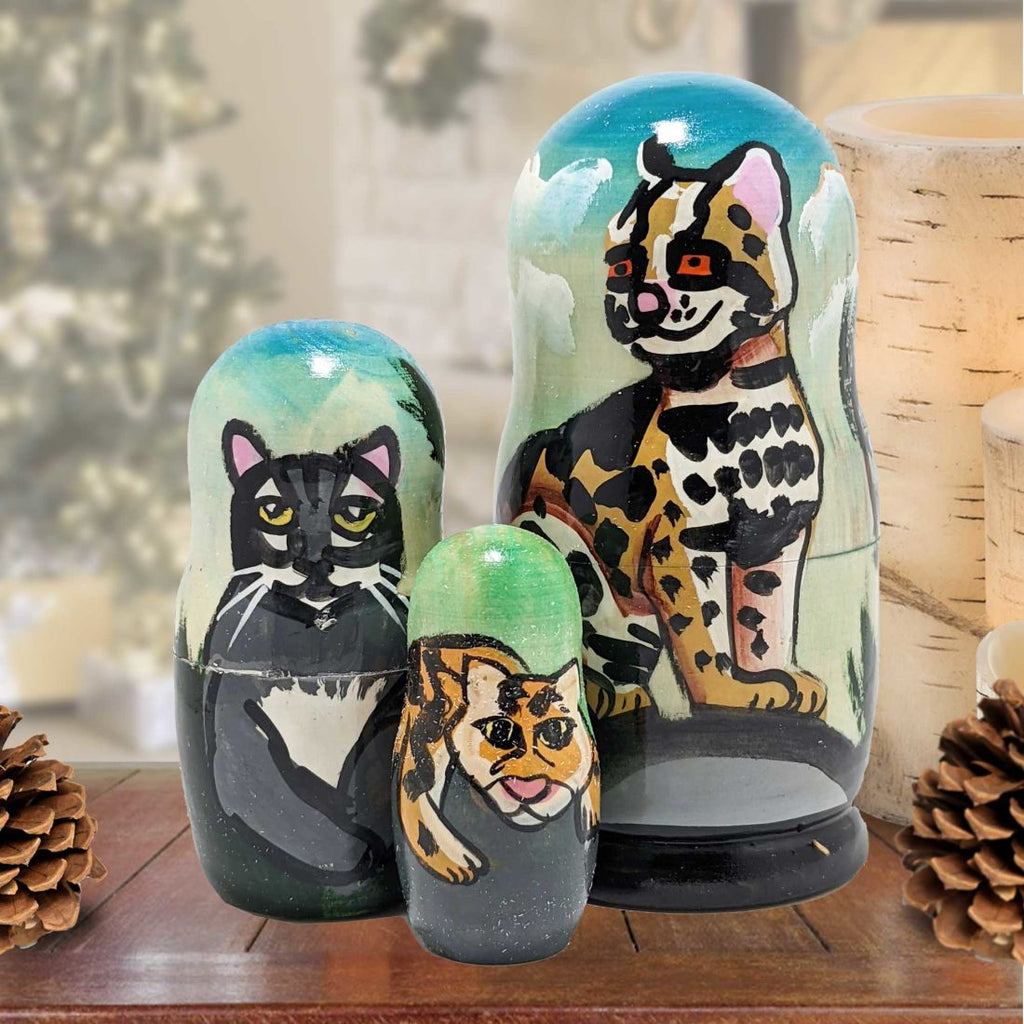 Cheetah Matreshka Nesting Hand-Painted Doll Set of 3 by G. DeBrekht - Wildlife Holiday Decor - 14763