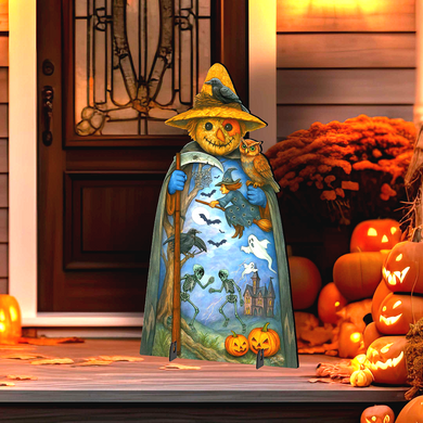 A Halloween-themed scarecrow figure stands on a porch, surrounded by carved pumpkins and autumn decorations.