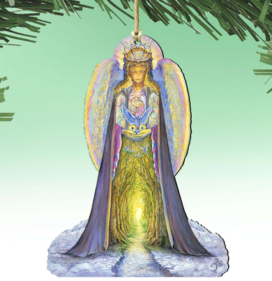 a colorful, ornate angel figure with wings and a crown, standing in a tunnel-like structure.