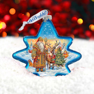Santa with Reindeer Star Glass Ornament by G. Debrekht - Christmas Santa Snowman Decor - 755-050