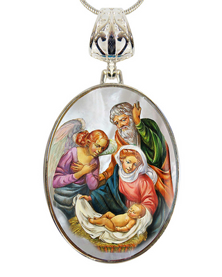 a pendant with a painting of the Holy Family, including the baby Jesus, surrounded by angels.
