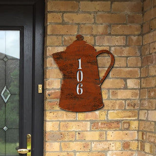 Coffee Pot Wooden Custom House Number Sign by G. DeBrekht - Love Family Kids Decor - Handcrafted Wooden Address Sign - MA98552
