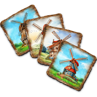four square tiles, each depicting a different scene with a windmill. The tiles feature various styles and colors of windmills, creating a visually appealing and diverse collection.