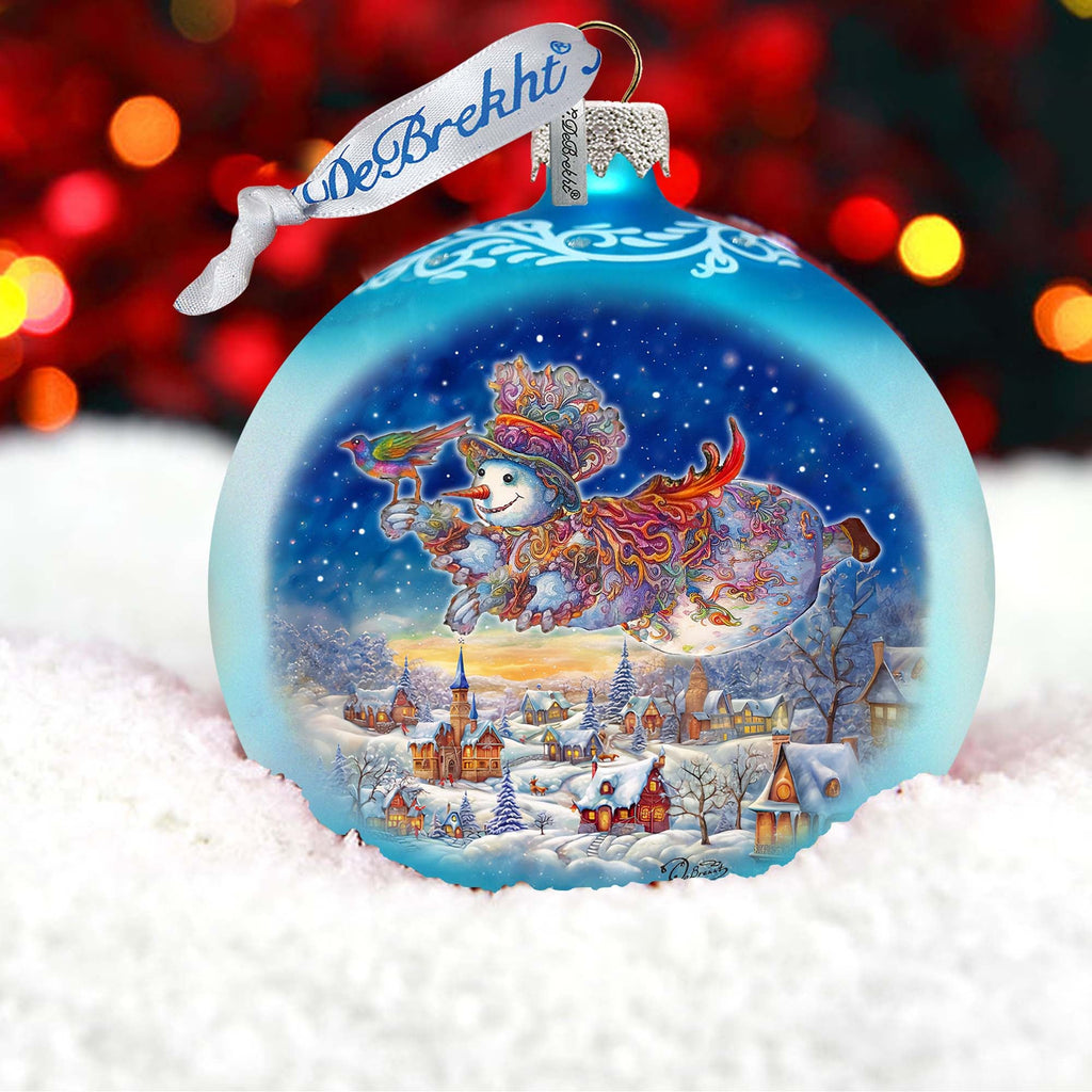 Winter Skies Adventure Ball Glass Ornament by G. Debrekht - Christmas Santa Snowman Decor - 73380