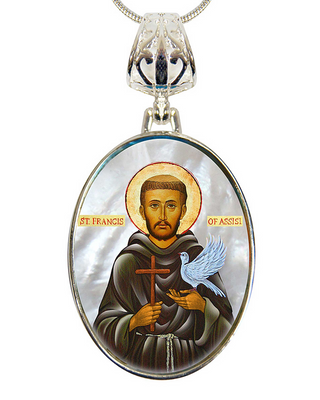 a pendant with a religious icon of St. Francis of Assisi, a saint known for his dedication to the poor and his love for animals.