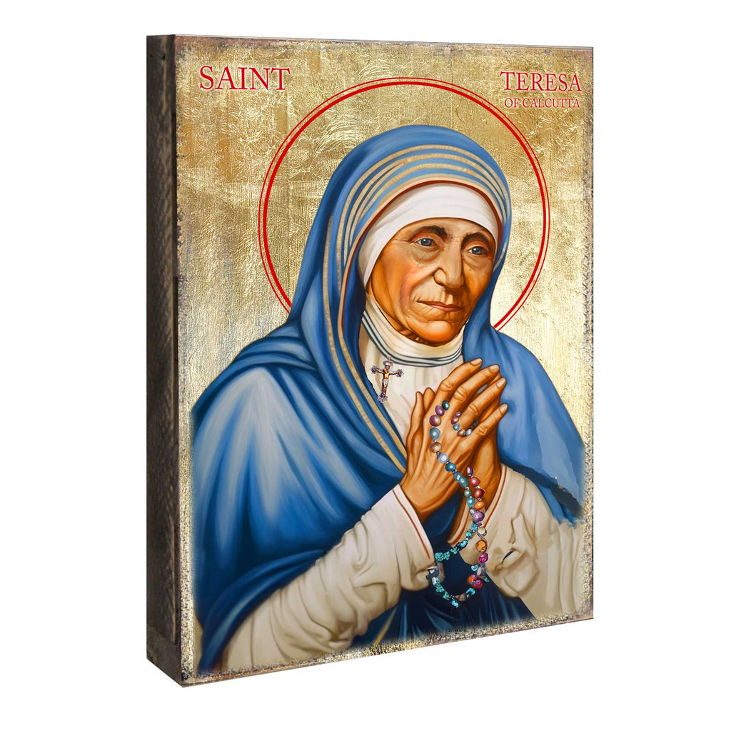 a religious figure, likely a saint or religious leader, wearing a blue robe and holding a rosary.