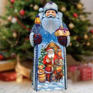 Jolly Santa Gifting Hand-Painted WOODCARVED Masterpiece Figurine by G. DeBrekht - Santa Snowman Christmas Decor - 215868