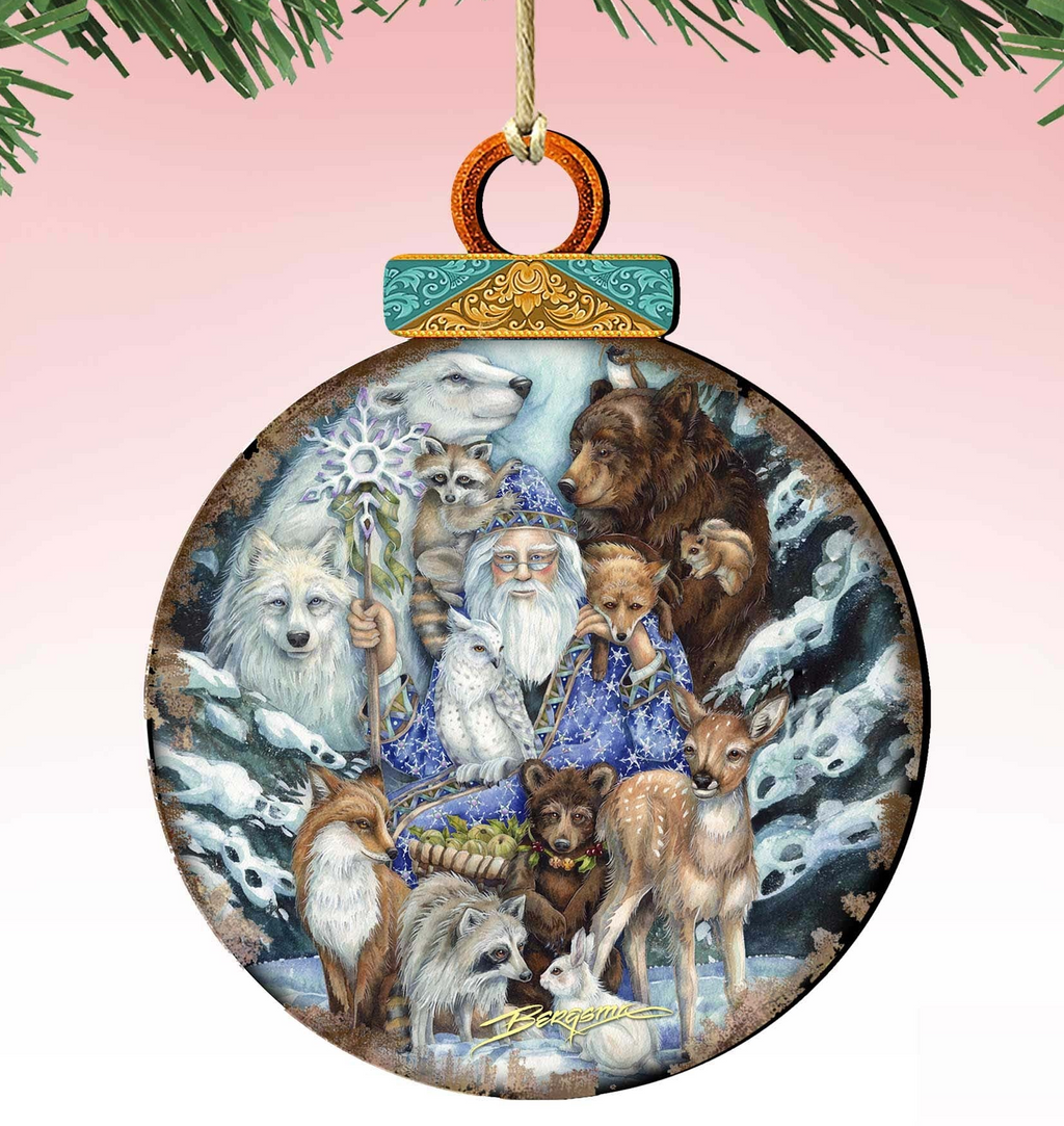 A round ornament featuring a wizard surrounded by various animals, including a polar bear, a bear, a deer, and a fox, all set against a snowy background.