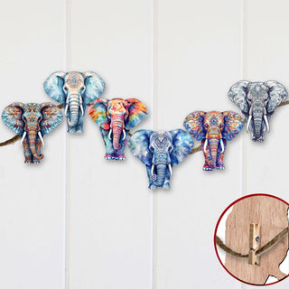 Elephants Clip-On Eco Wood Decorative Ornaments Set of 6 by G. Debrekht - Christmas Decor - 8090036C-S6