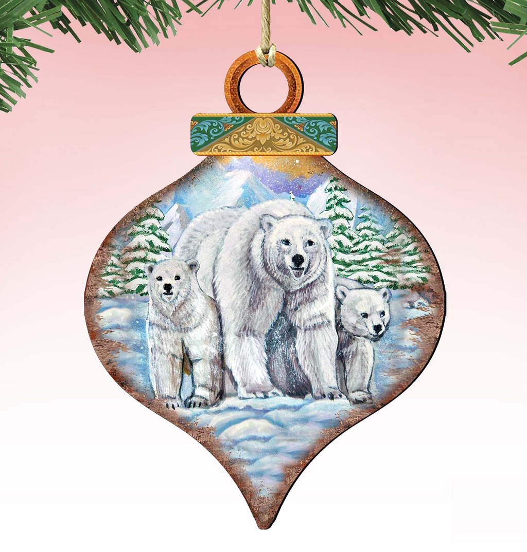 A wooden ornament in the shape of a teardrop, featuring a painting of three polar bears standing together in a snowy landscape.