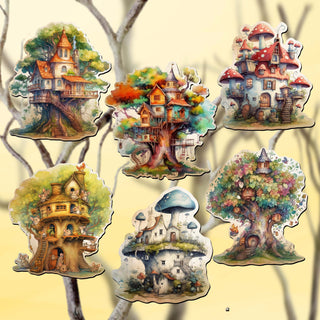 Tree House Clip-On Eco Wood Decorative Ornaments Set of 6 by G. Debrekht - Christmas Decor - 8090026C-S6