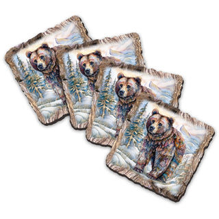 Grizzly Bear Wooden Cork Coasters Gift Set of 4 by Nature Wonders Nature Wildlife Decor  - 95397C-S4