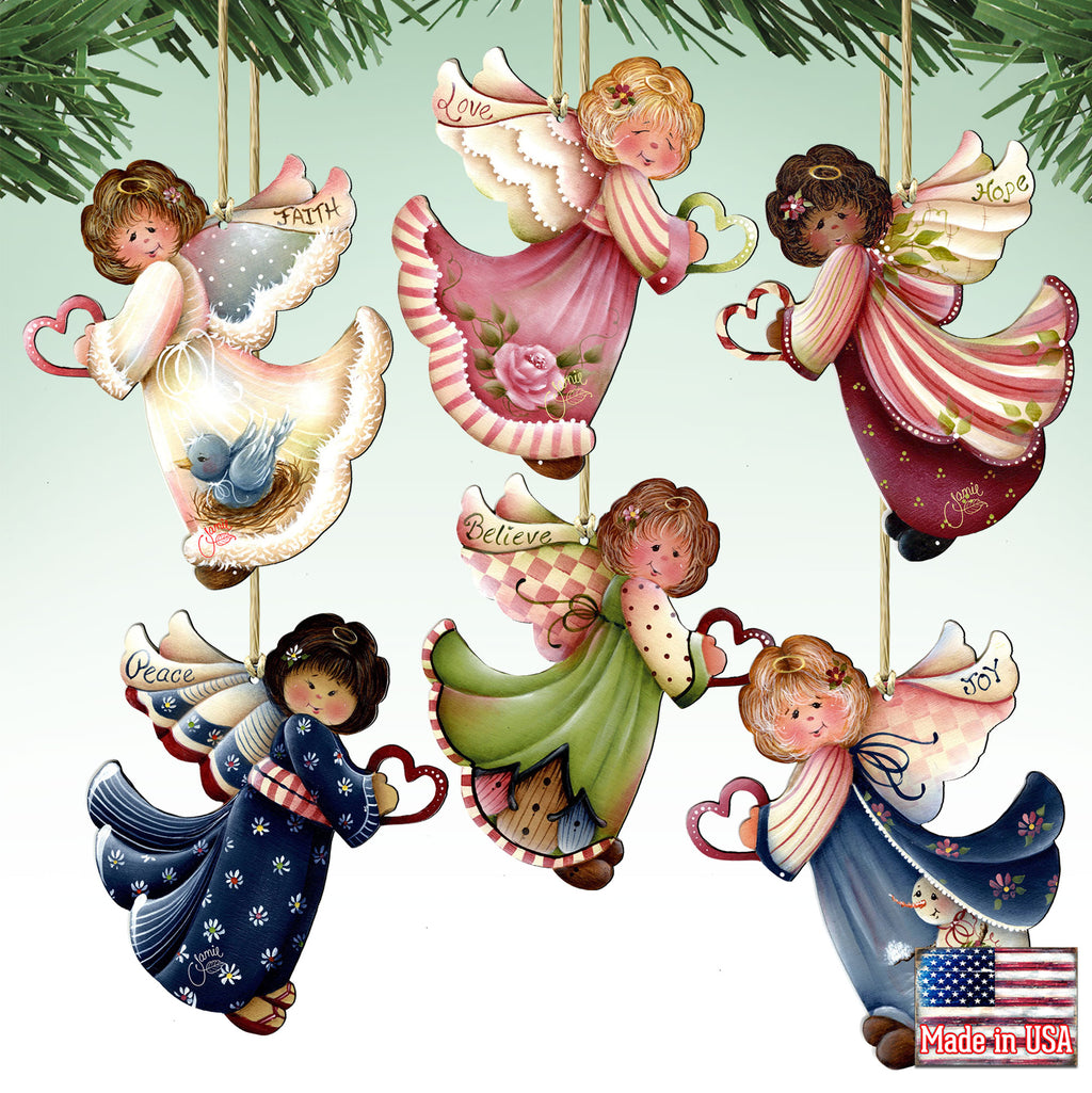 A group of colorful angel ornaments hanging from strings, each with a unique design and the word 