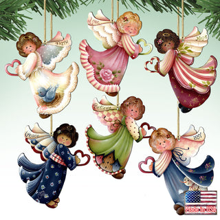 A group of colorful angel ornaments hanging from strings, each with a unique design and the word 