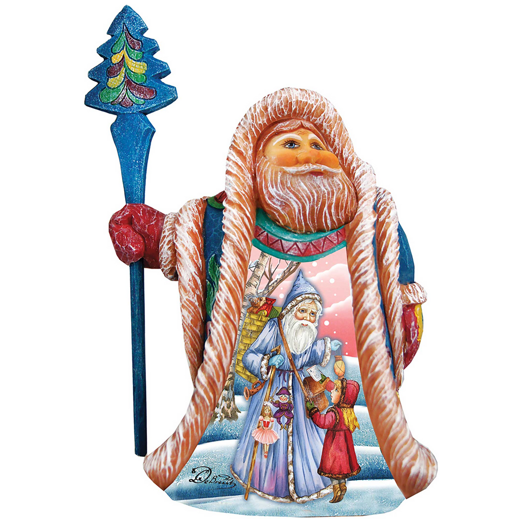 A colorful figurine depicting a bearded man wearing a blue coat and holding a blue staff, with a Christmas tree and other holiday-themed elements.