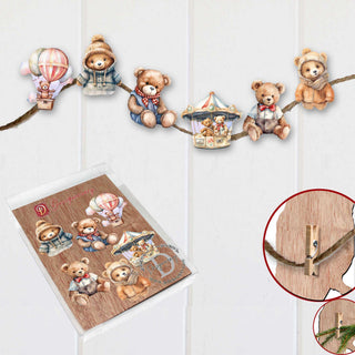 Teddy Bear Clip-On Eco Wood Decorative Ornaments Set of 6 by G. Debrekht - Christmas Decor - 8090025C-S6