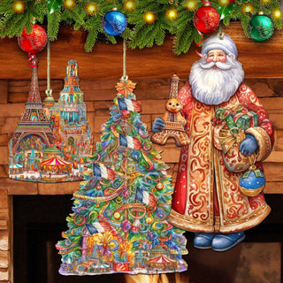 Santas Around the World - French Inspired Santa - Wooden Ornaments Set of 3 by G. DeBrekht Christmas Santa Snowman Decor - 8091303S3