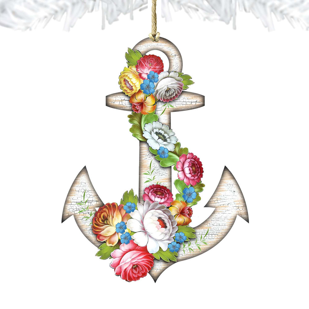Floral Anchor Wooden Ornaments by G. DeBrekht - Coastal Holiday Decor - 8198521-4