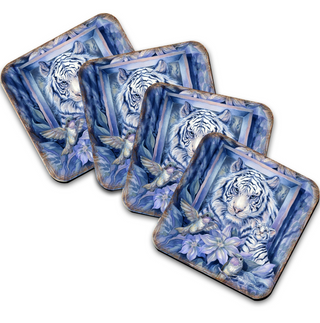 a collection of square coasters with a striking blue and white tiger design. The coasters feature a close-up of the tiger's face surrounded by birds and flowers, creating a visually appealing and artistic composition.