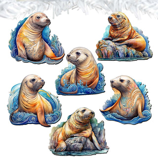 Coastal Sea Lions Clip-On Eco Wood Decorative Ornaments Set of 6 by G. Debrekht - Wildlife Decor - 8090127C-S6