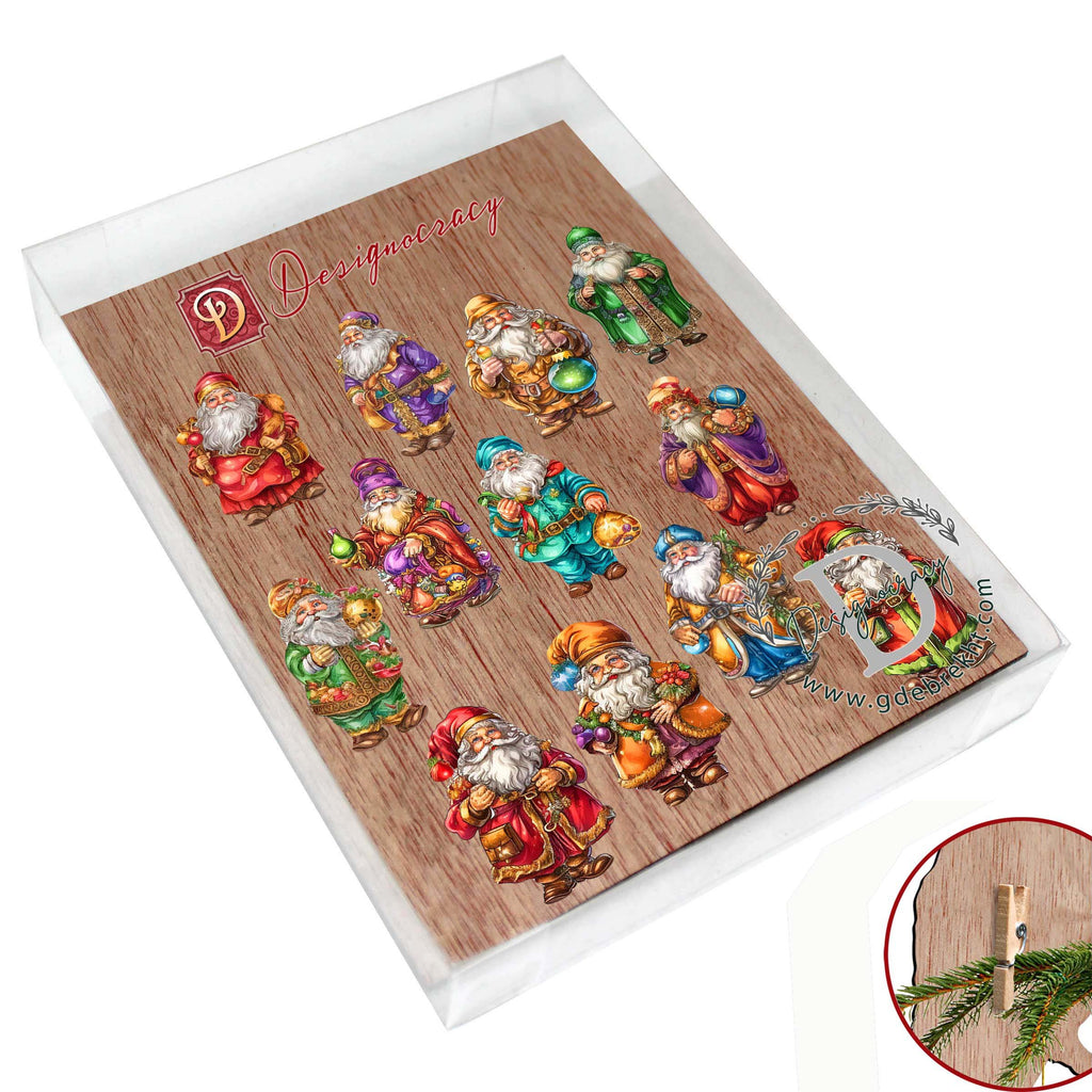 Colorful Santa Clip-On Eco Wood Decorative Ornaments Set of 12 by G. Debrekht - Christmas Decor - 8090050C-S12