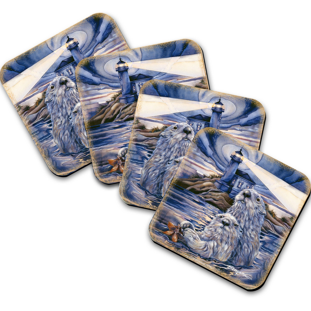 a collection of four identical coaster-style images, each depicting a lighthouse and two otters. The lighthouses are depicted in various shades of blue, with the otters in shades of gray. The overall color scheme and composition of the images create a cohesive and visually appealing design.