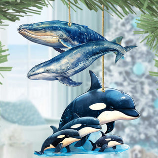 Alaskan Whale and Orca Eco Wood Ornaments Set of 2 by G. Debrekht - Wildlife Holiday Decor - 8091323S5