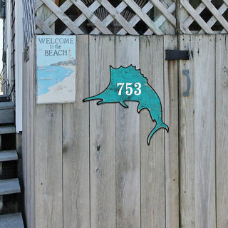 Swordfish Coastal Personalized House Number Sign by G. Odebrecht - Coastal Sea-Life Decor - Handcrafted Wooden Handcrafted Wooden Handcrafted Wooden Address Sign - MA985492