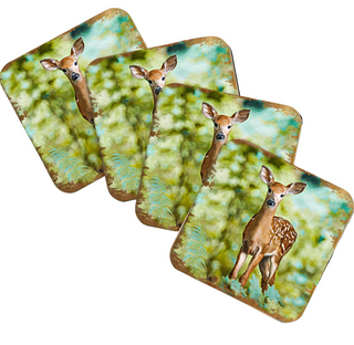 a collection of four square coasters, each featuring a deer standing in a forest setting.