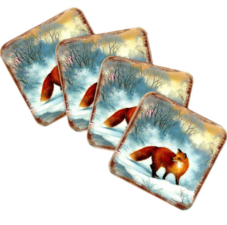 a collection of square coasters featuring a fox in a snowy forest setting.