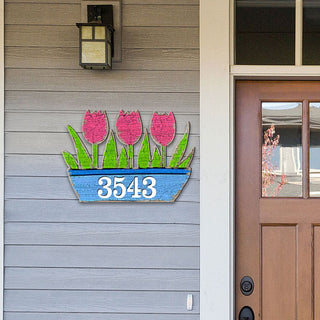 Tulips Pot Floral Personalized House Number Sign by G. Odebrecht - Easter Spring Decor - Handcrafted Wooden Handcrafted Wooden Handcrafted Wooden Address Sign - MA989804