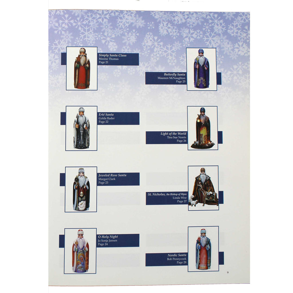 a collection of Santa Claus figurines, each with unique features and designs, arranged in a grid-like pattern.