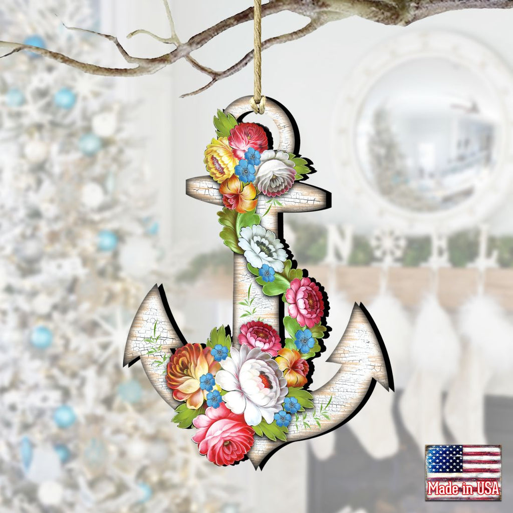Floral Anchor Wooden Ornaments by G. DeBrekht - Coastal Holiday Decor - 8198521-4