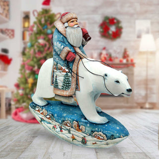 A wooden rocking horse with a polar bear figure on top, set against a blurred background with Christmas decorations.