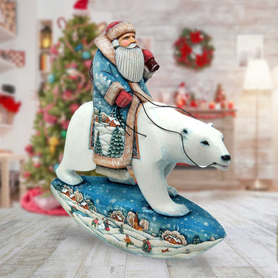 A wooden rocking horse with a polar bear figure on top, set against a blurred background with Christmas decorations.